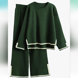 Faleave Women's Knit 2 Piece Outfits Long Sleeve Sweater Pullover Tops Wide Leg